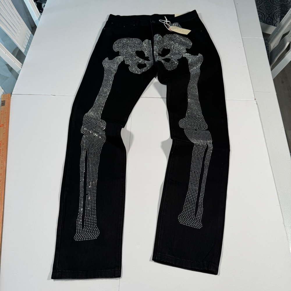 MNML D249 Skeleton Denim Rhinestone Studded Jeans Black White Mens 36 NEW